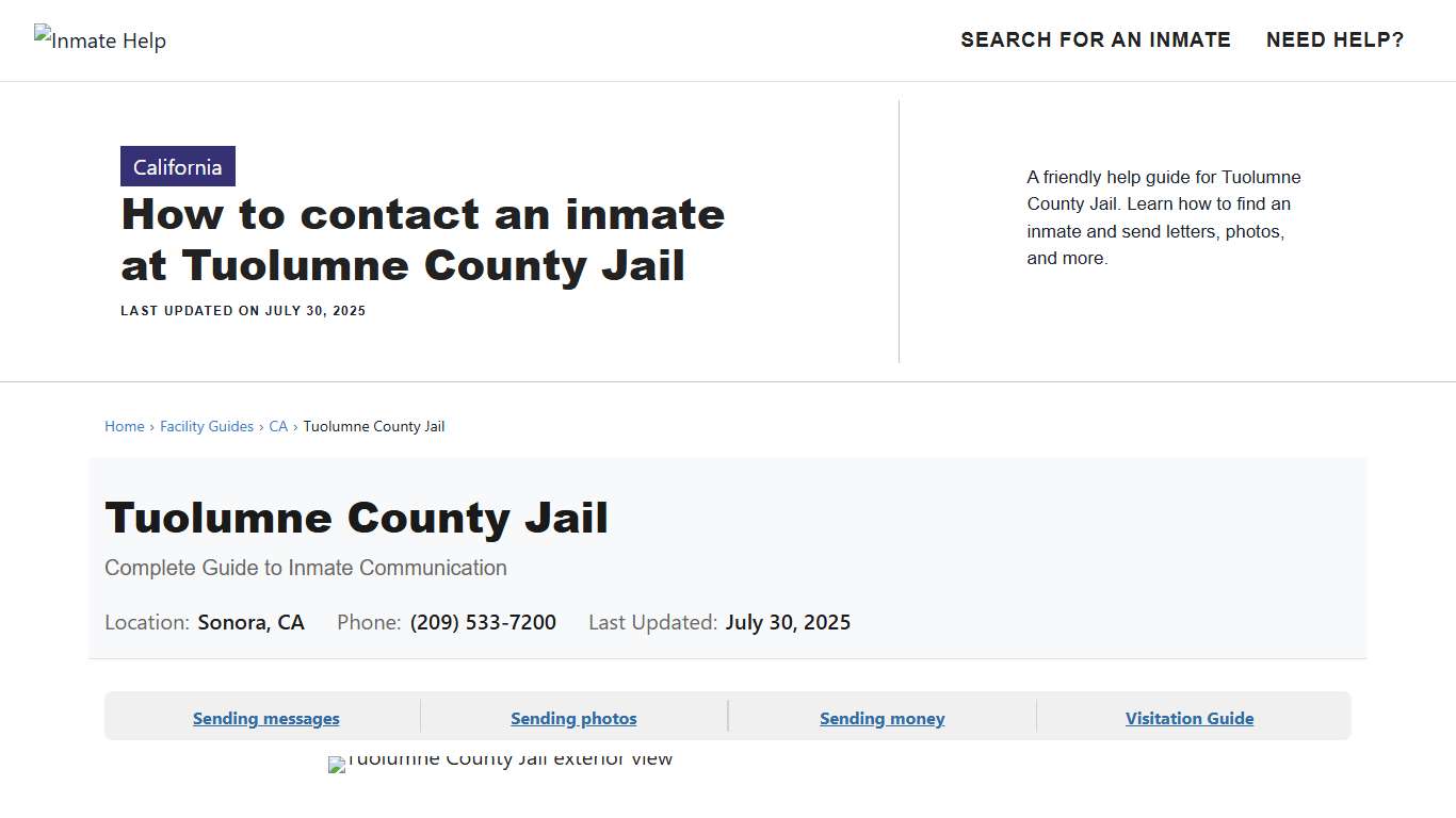How to contact an inmate at Tuolumne County Jail - Inmate Help