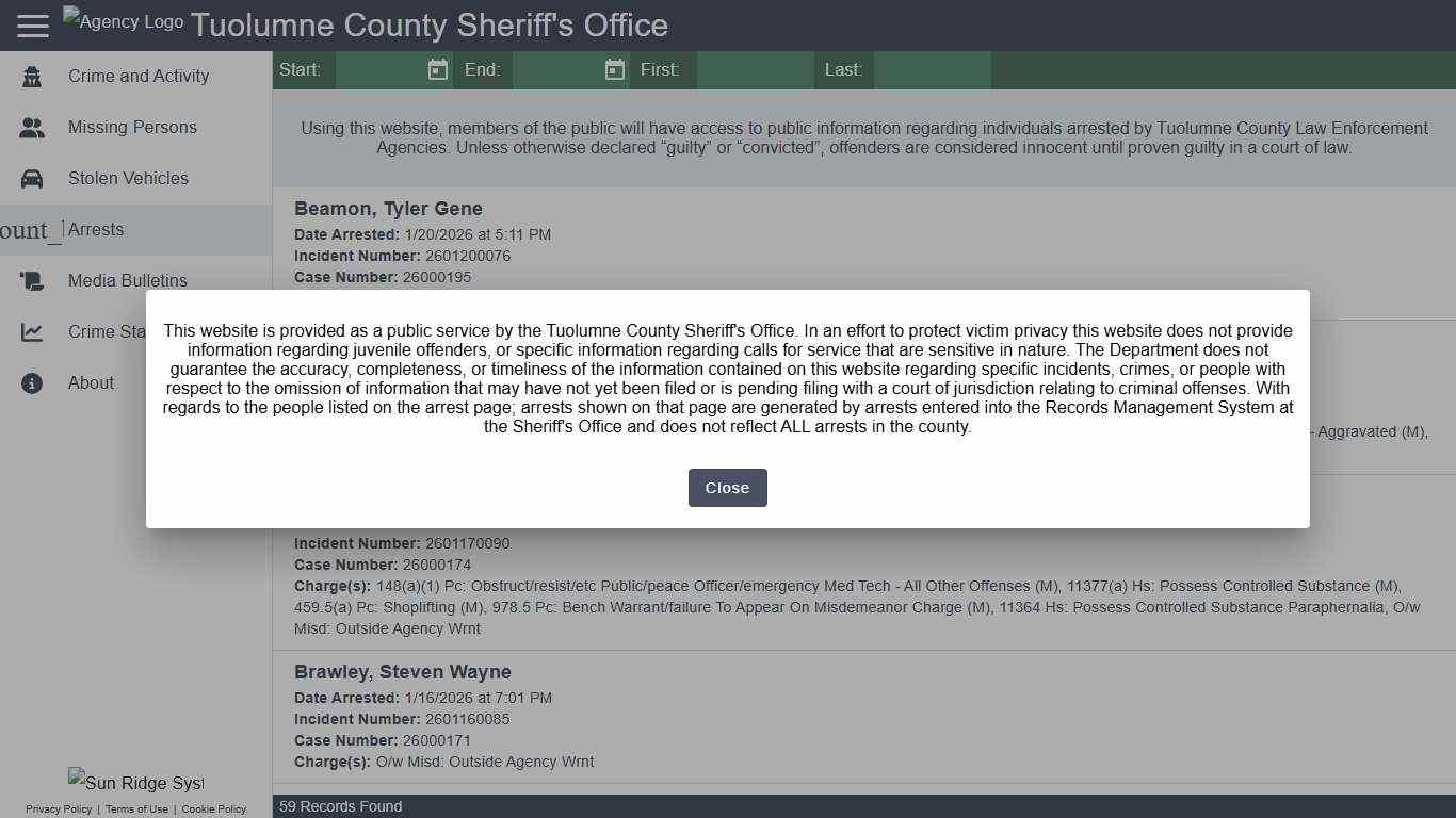 Tuolumne County Sheriff's Office - Arrests